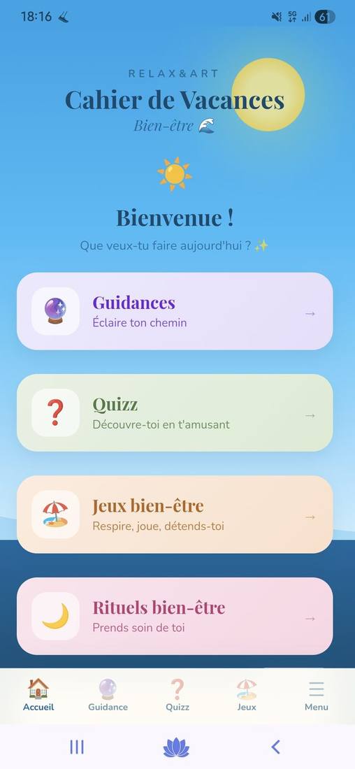 Écran d'accueil de l'appli : guidances, quiz, jeux bien-être et rituels