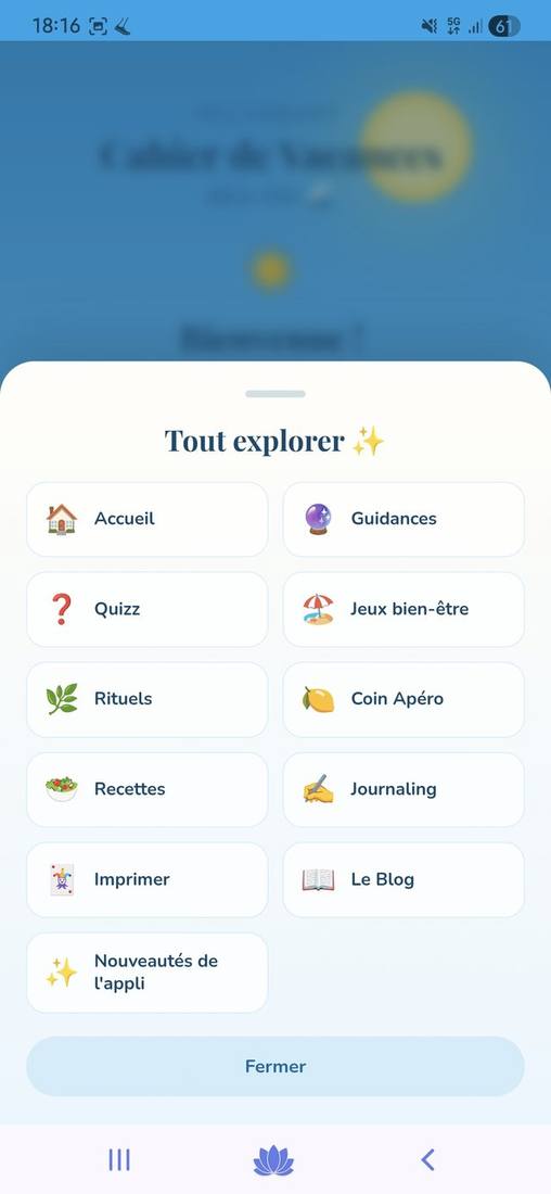 Menu de l'appli : rituels, coin apéro, recettes, journaling, blog