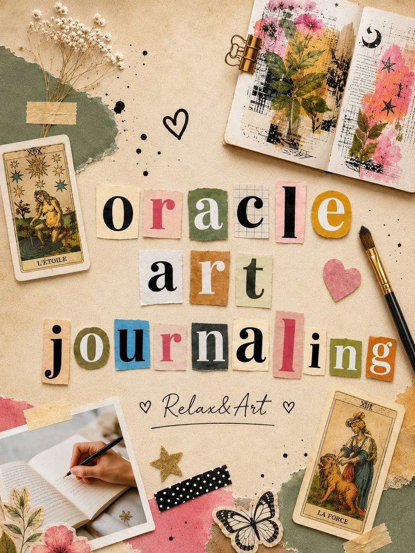 Oracle Art Journaling en lettres découpées, entouré de cartes de tarot L'Étoile et La Force, d'un carnet créatif et d'un pinceau
