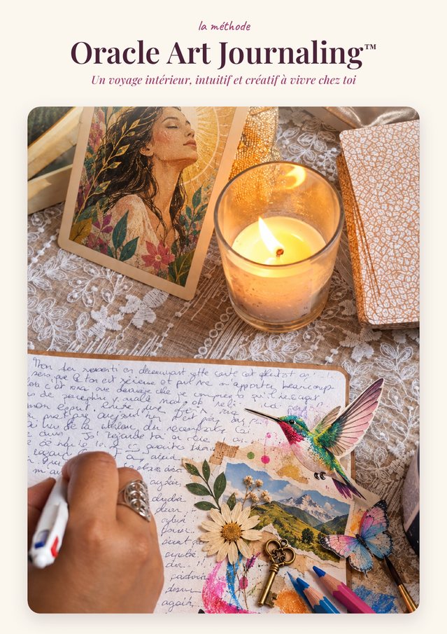 La méthode Oracle Art Journaling, un voyage intérieur, intuitif et créatif à vivre chez toi : une carte oracle près d'une bougie et une main qui écrit dans un carnet orné d'un collage