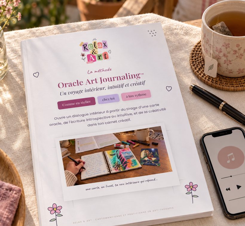 Le livret Oracle Art Journaling posé sur une nappe en lin, avec une tasse de thé, un stylo plume et un téléphone qui diffuse l'audio guidé