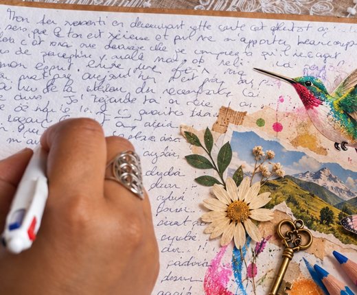 Une main qui écrit dans un carnet, à côté d'un collage de fleurs, d'un colibri et d'une clé