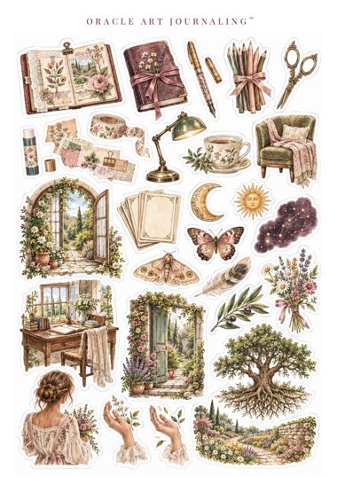 Une planche de stickers Oracle Art Journaling : carnets, plumes, tasse de thé, lune, soleil, papillons, porte fleurie, arbre